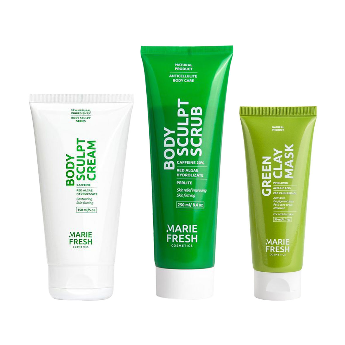 Комплексний набір для тіла та обличчя Marie Fresh Cosmetics Detox Set (скраб, 250 мл + крем для тіла, 150 мл + маска для обличчя, 50 мл + щітка)